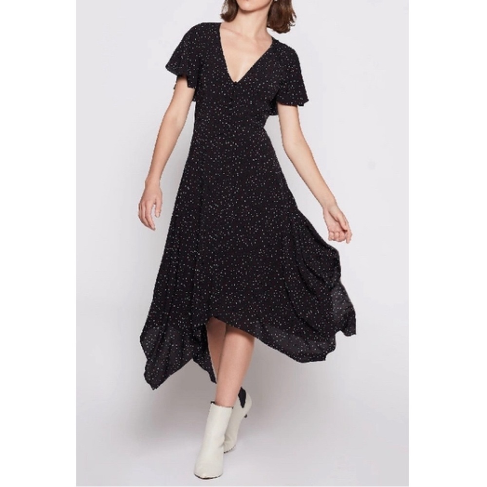 NEW Joie Tamyra Heart Dot Print Handkerchief Midi Dress Caviar Black